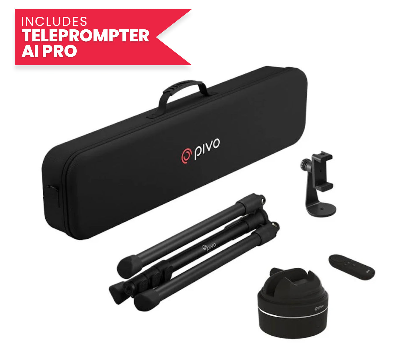 Pivo Pro smartphone auto-tracking camera mount with tripod, remote, phone holder, and carrying case including Teleprompter AI Pro.
