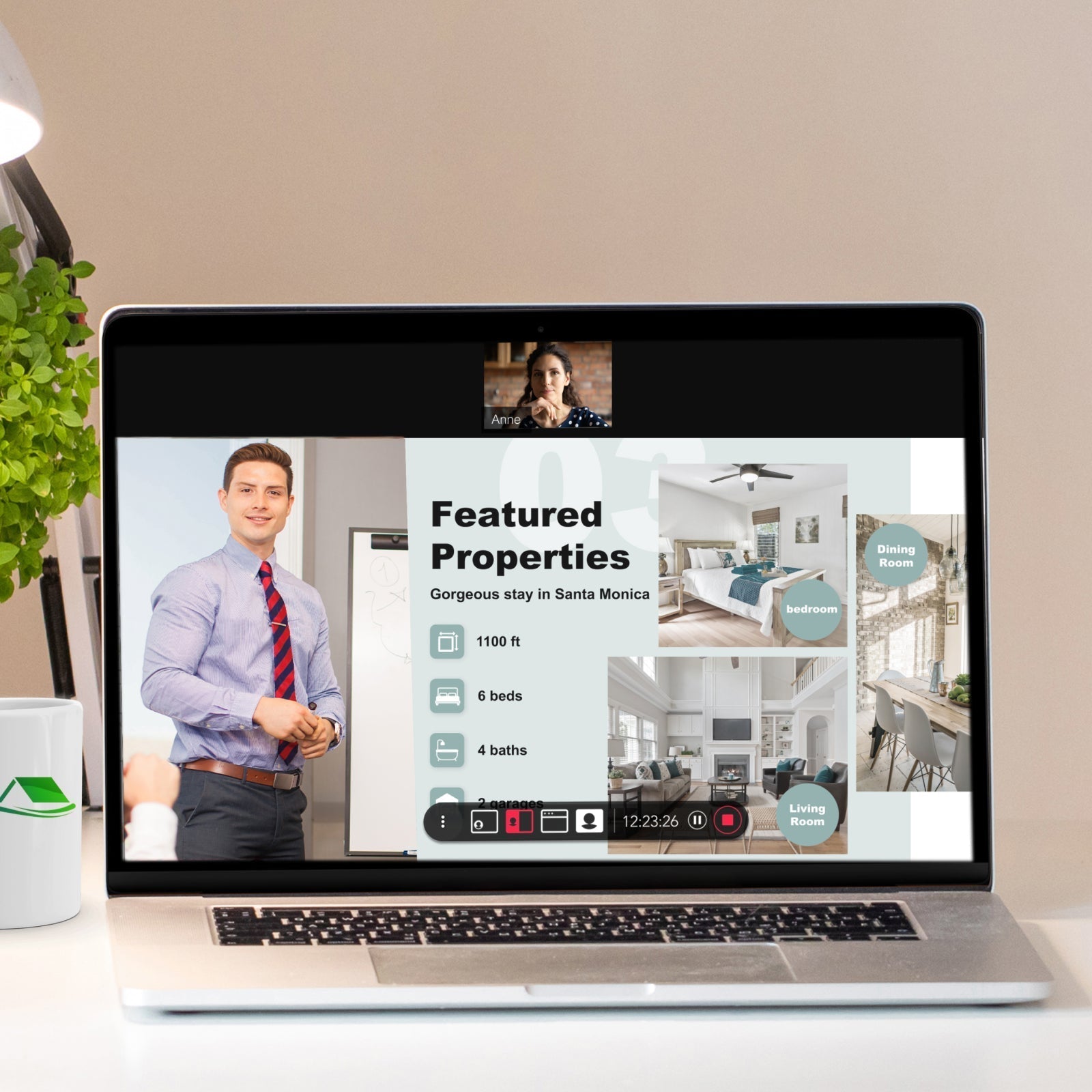 Laptop displaying a virtual real estate presentation with video call using Pivo Pro auto tracking technology