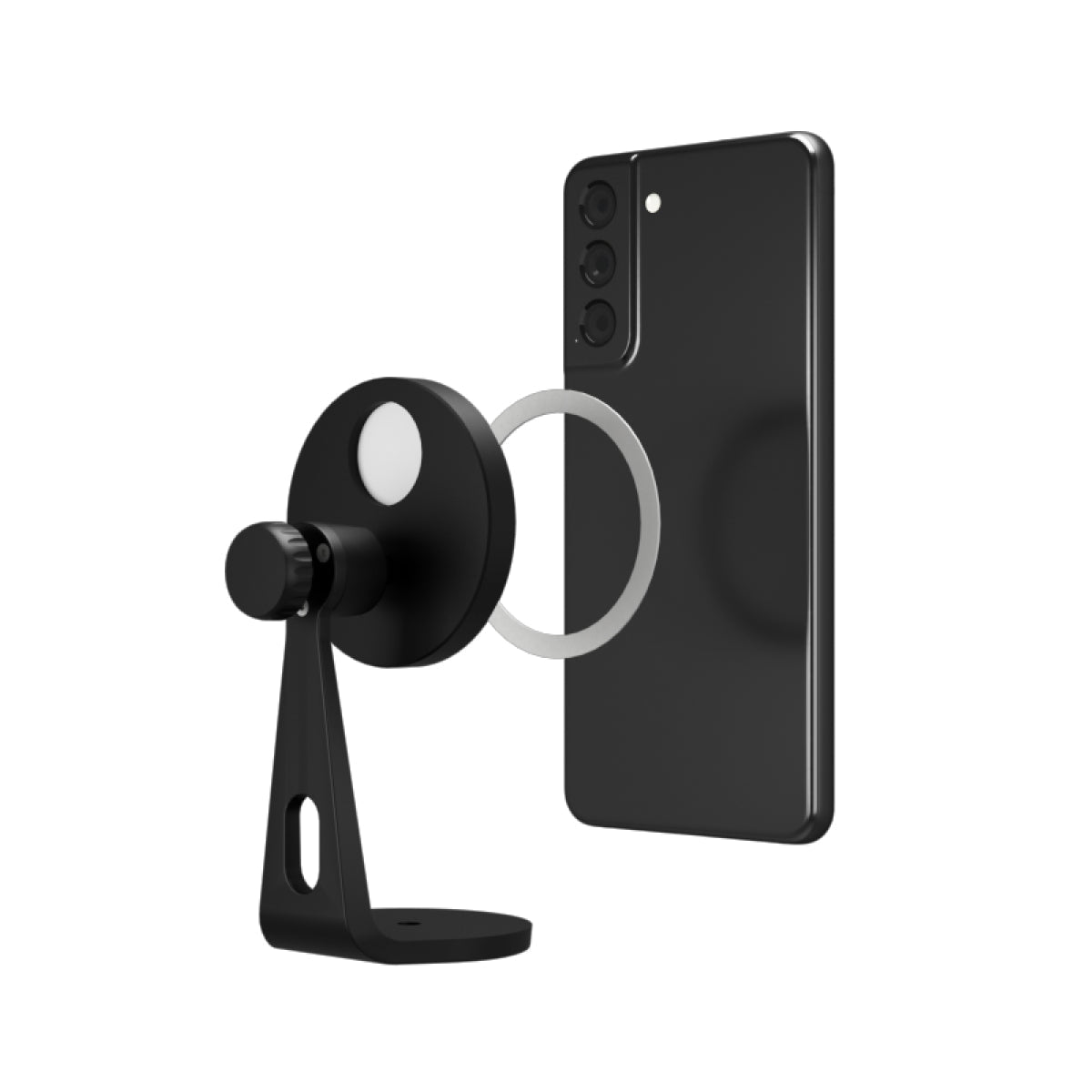 Magnetic mount with adjustable aluminum clamp for smartphones, compatible with tripods and portrait or landscape setup