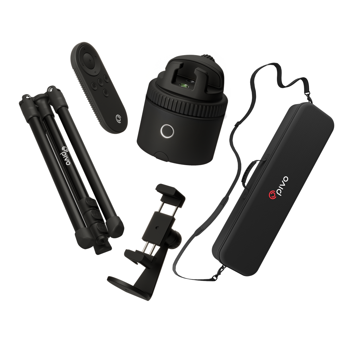 Pivo Pro smartphone camera mount kit with auto tracking, remote control, tripod, and carrying case for handsfree video calls and virtual tours