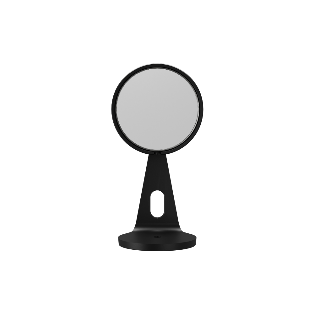 Black magnetic mount with circular clamp and sturdy aluminum base for smartphones and mobile devices, adjustable for portrait and landscape angles.