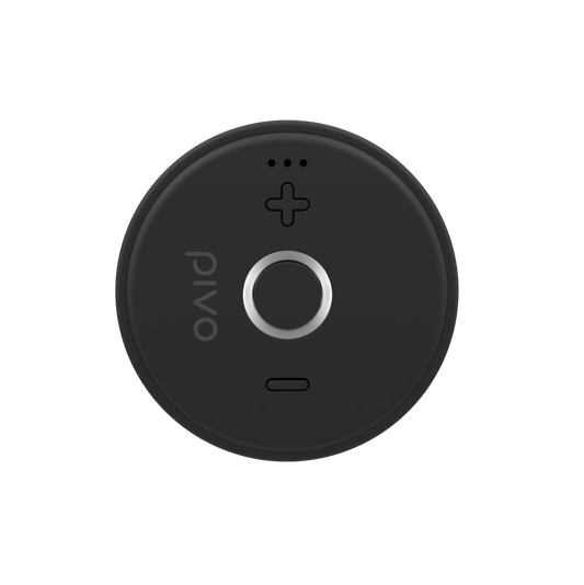 Compact black wireless Bluetooth mic with clip-on design and volume control buttons